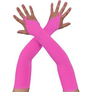 Women's Hot Pink Finger Loop Fingerless Satin Long Glove Halloween Party Costume